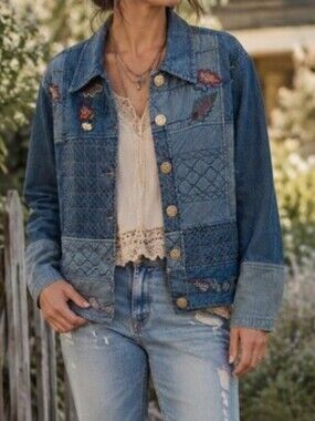 Vintage M.I.C Embroidered Patchwork Denim Jacket Boho Cottagecore Blue Cotton